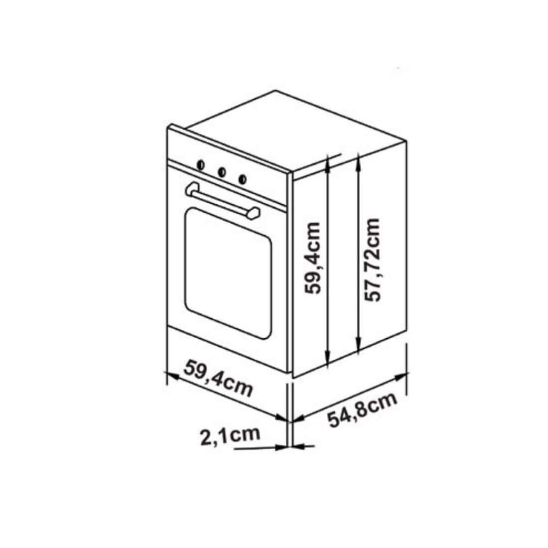 Forno Cuisinart Casual Elétrico 74 Litros Inox 60cm — desenho técnico de forno elétrico de embutir inox com painel analógico e medidas frontais