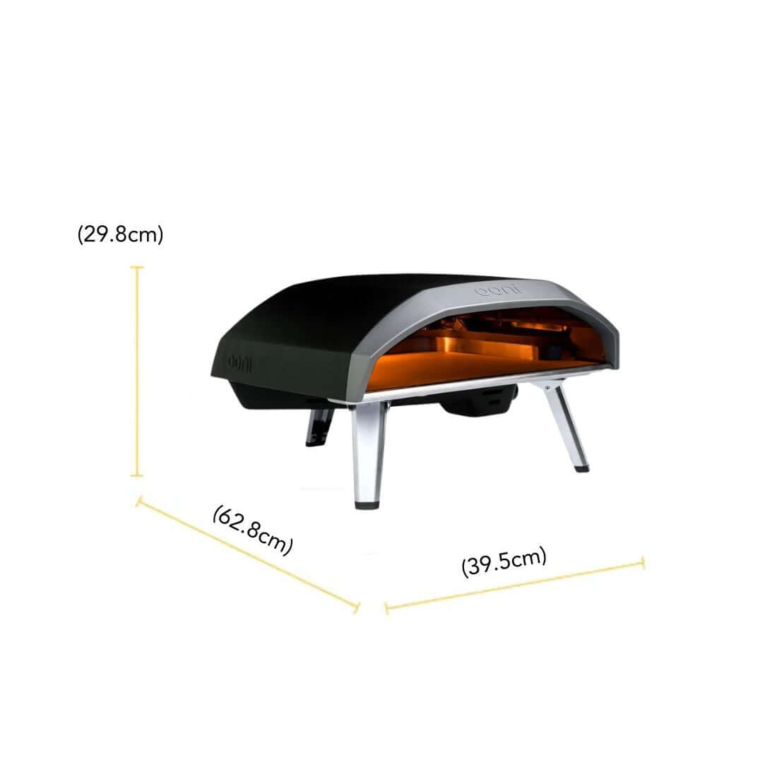 Forno de Pizza Portátil a Gás Ooni Koda 12 com dimensões 29.8cm x 62.8cm x 39.5cm, ideal para pizzas rápidas.