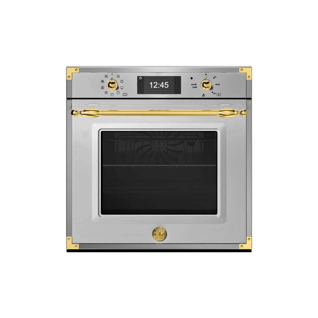 Forno Bertazzoni Heritage Elétrico a Vapor 76 Litros Inox 60cm - forno elétrico de embutir inox com detalhes dourados, porta de vidro e painel digital