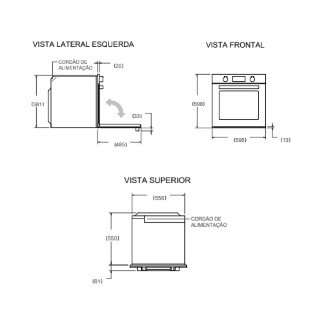 Forno Bertazzoni Heritage Elétrico a Vapor 76 Litros Inox 60cm mostrando esquemas técnico com vistas frontal, lateral e superior e portas e medidas