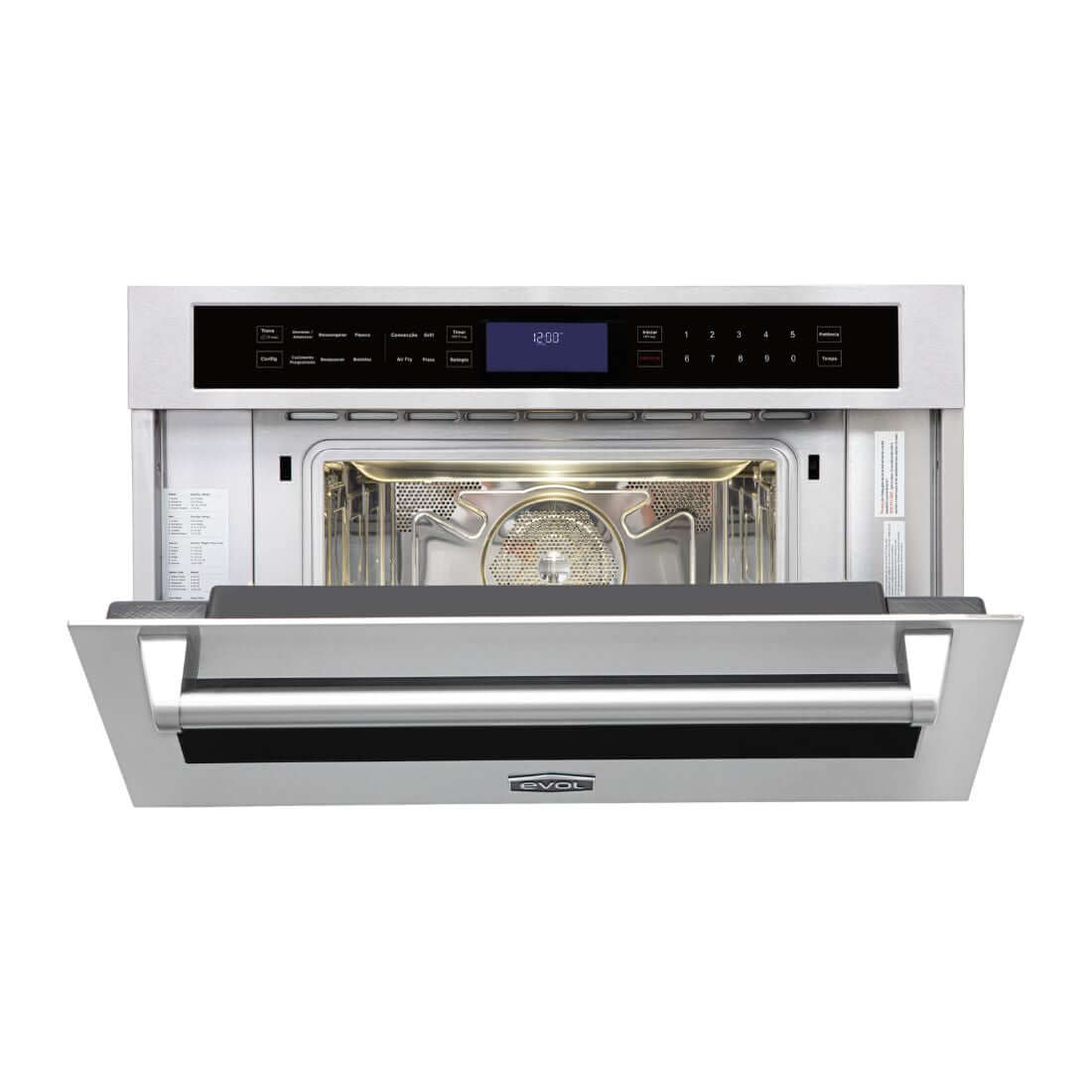 Forno Evol combinado com Micro-ondas 45L Inox 76cm com Air Fryer, painel touch e porta aberta mostrando interior iluminado