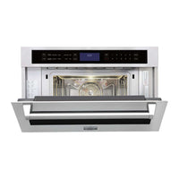 Forno Evol combinado com Micro-ondas 45L Inox 76cm com Air Fryer, painel touch e porta aberta mostrando interior iluminado