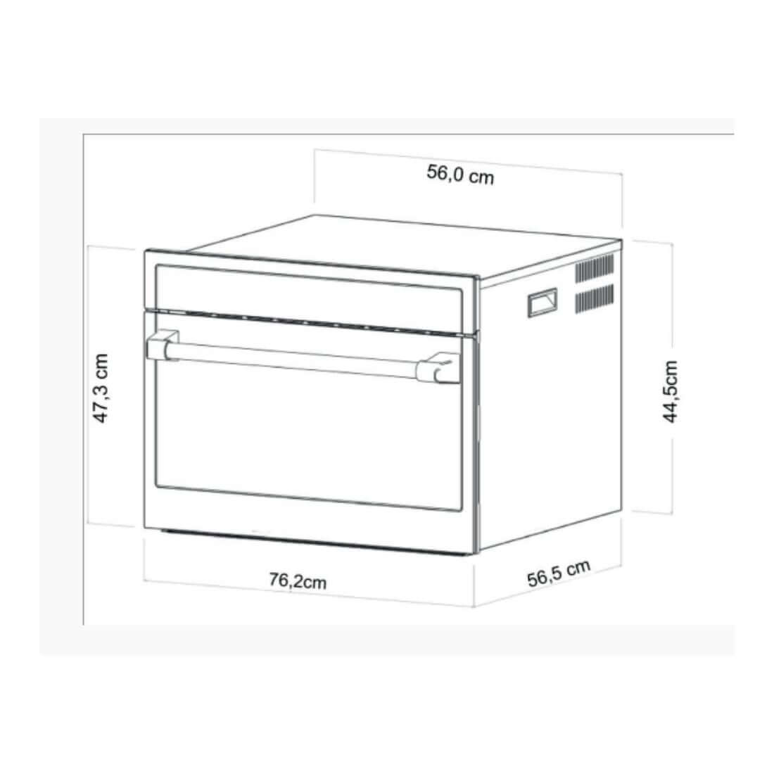 Forno Evol combinado com Micro-ondas 45L Inox 76cm desenho técnico com dimensões frontais e laterais