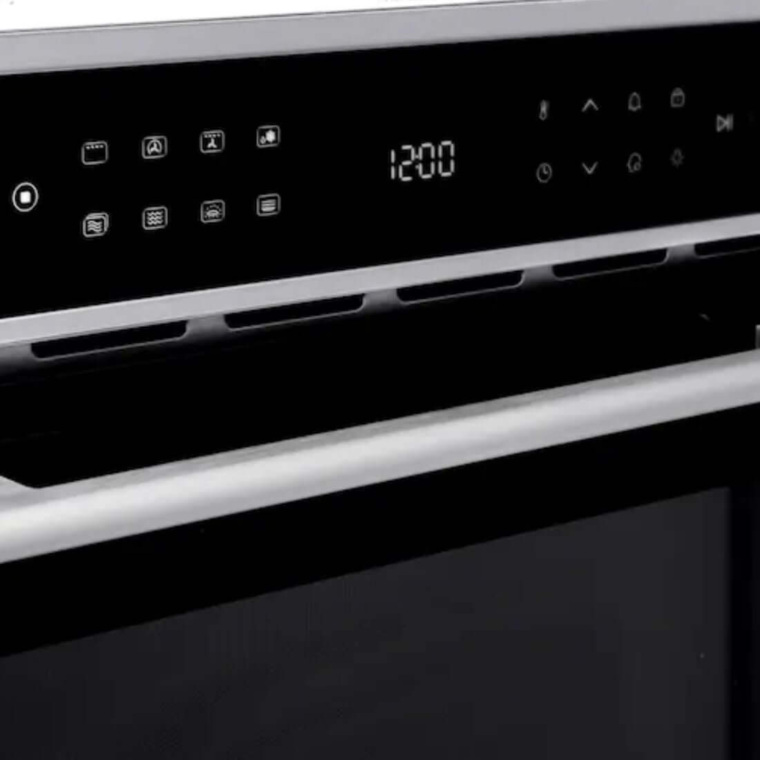 Forno Evol combinado com Micro-ondas painel digital touch vidro preto 60cm mostrando display e ícones de funções