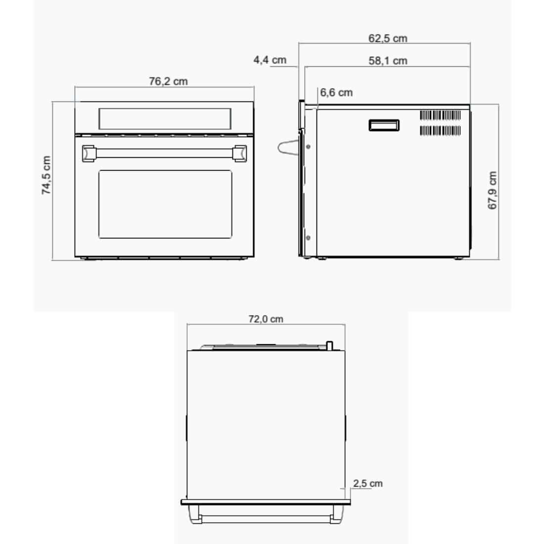 Forno Evol Elétrico 135L inox 76cm vista técnica com dimensões frontais e laterais para marcenaria