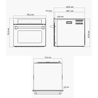 Forno Evol Elétrico 135L inox 76cm vista técnica com dimensões frontais e laterais para marcenaria
