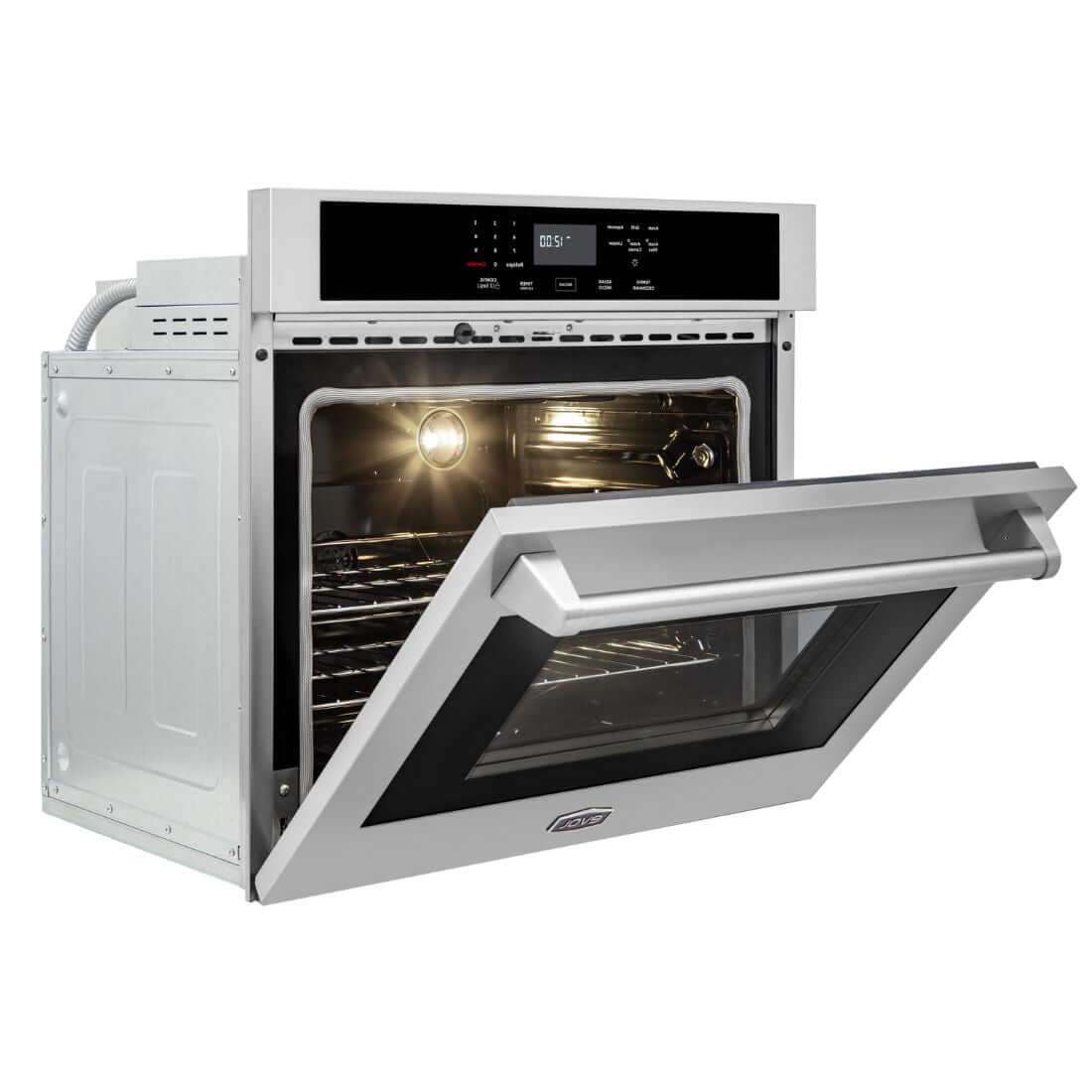 Forno Evol Elétrico 135 litros inox 76cm com porta aberta e interior iluminado para assadeiras grandes