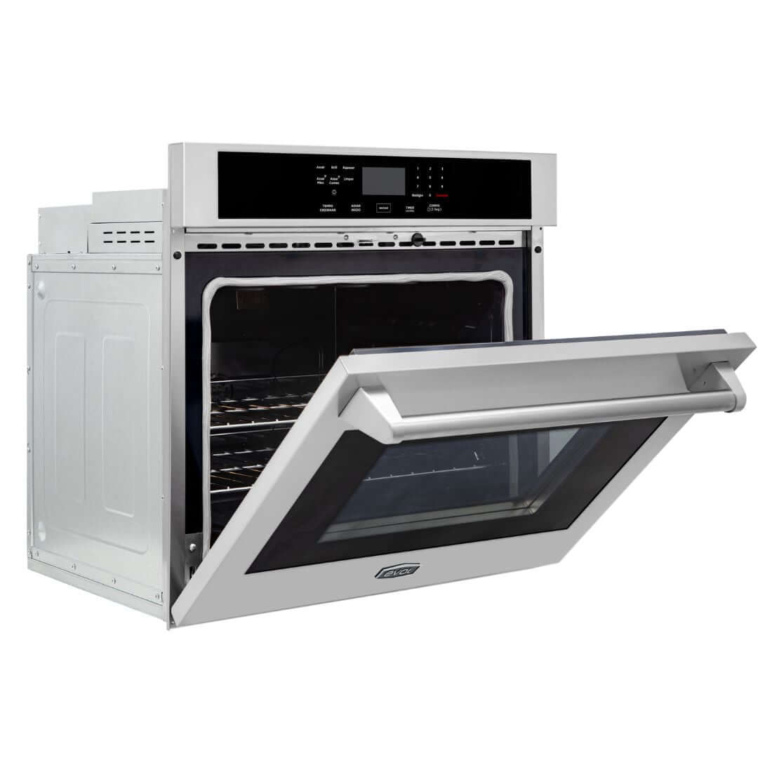 Forno Evol Elétrico inox 135L 76cm com porta aberta e painel digital para marcenaria de alto padrão