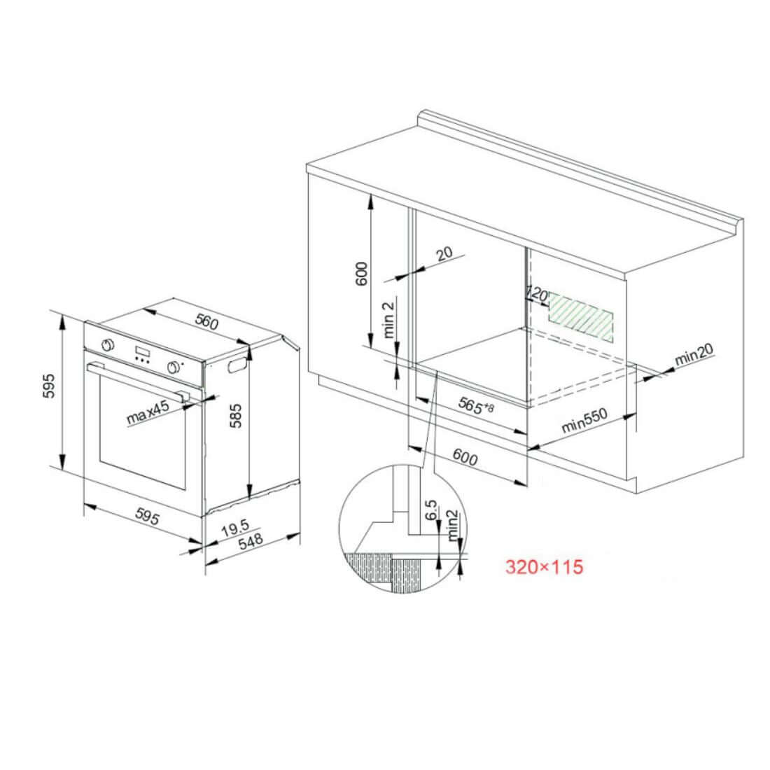 Forno Evol Elétrico C13 74 litros inox 60cm desenho técnico de medidas para embutir