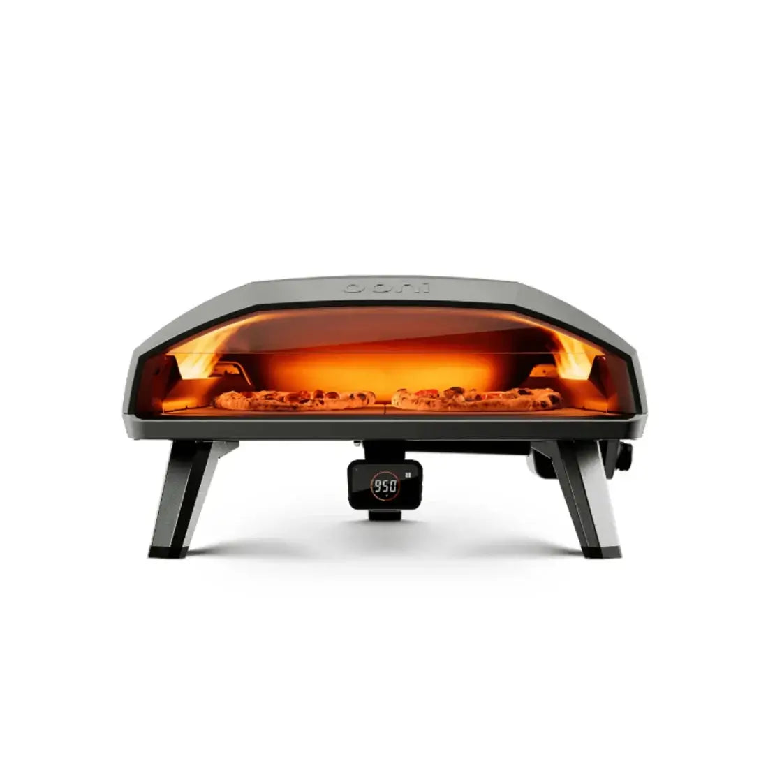 Forno de Pizza Portátil a Gás Ooni Koda 2 Max 24 com luz acesa e temperatura de 950 graus.