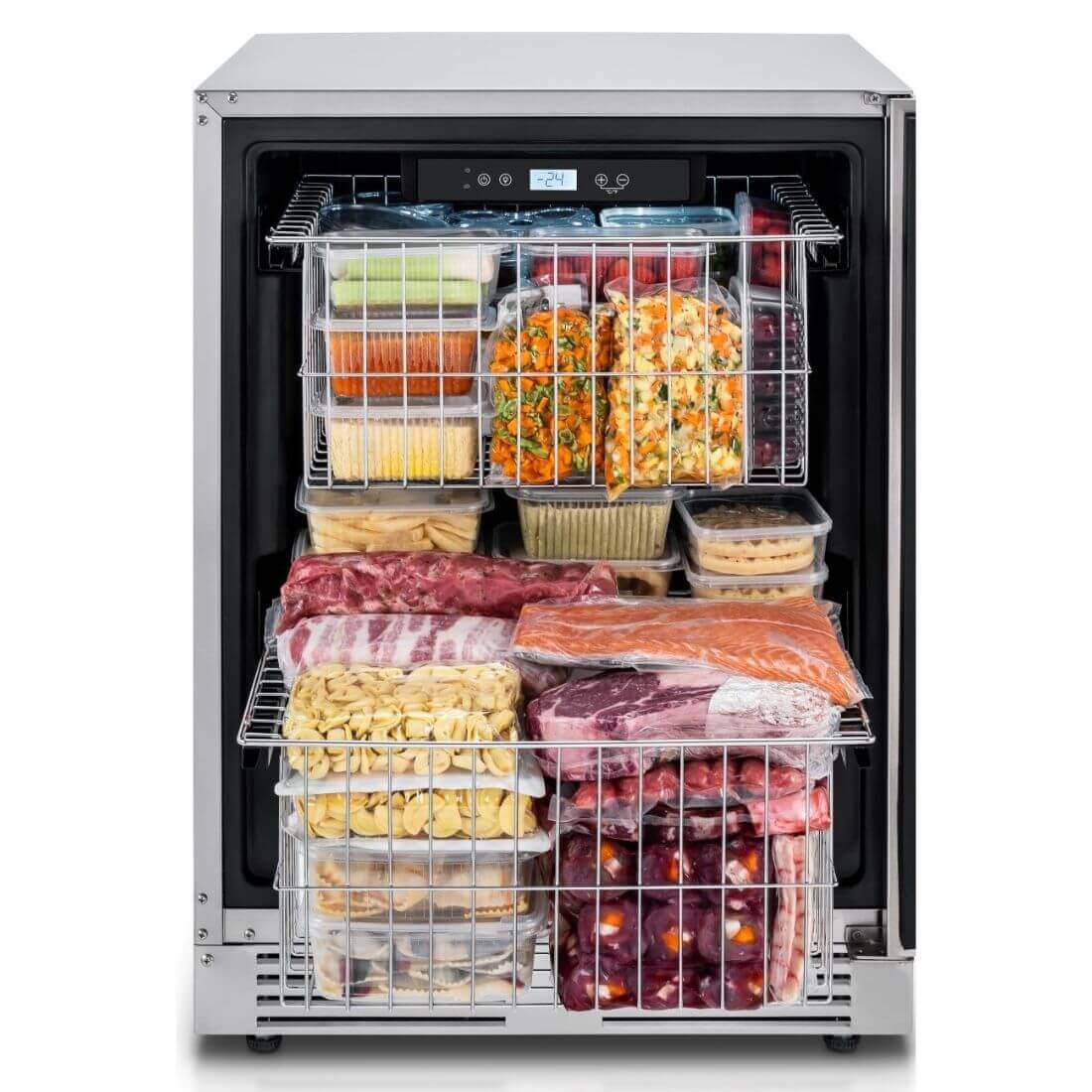 Freezer Tecno Professional 100 Litros Inox 60cm: freezer de embutir inox com painel touch, puxador tubular e cestos organizadores cheios