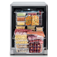 Freezer Tecno Professional 100 Litros Inox 60cm: freezer de embutir inox com painel touch, puxador tubular e cestos organizadores cheios