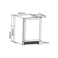 Freezer Tecno Professional 100 Litros Inox 60cm: freezer de embutir inox com puxador tubular, painel touch e dimensões técnicas visíveis