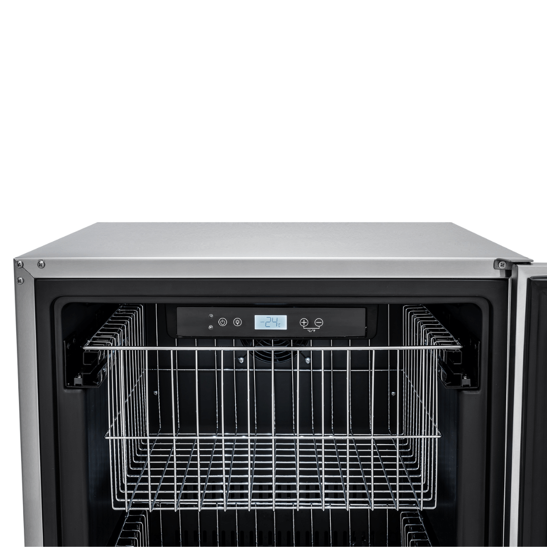 Freezer Tecno Vintage 100 Litros Inox 60cm - freezer de embutir com acabamento inox, painel touch e cestos aramados internos