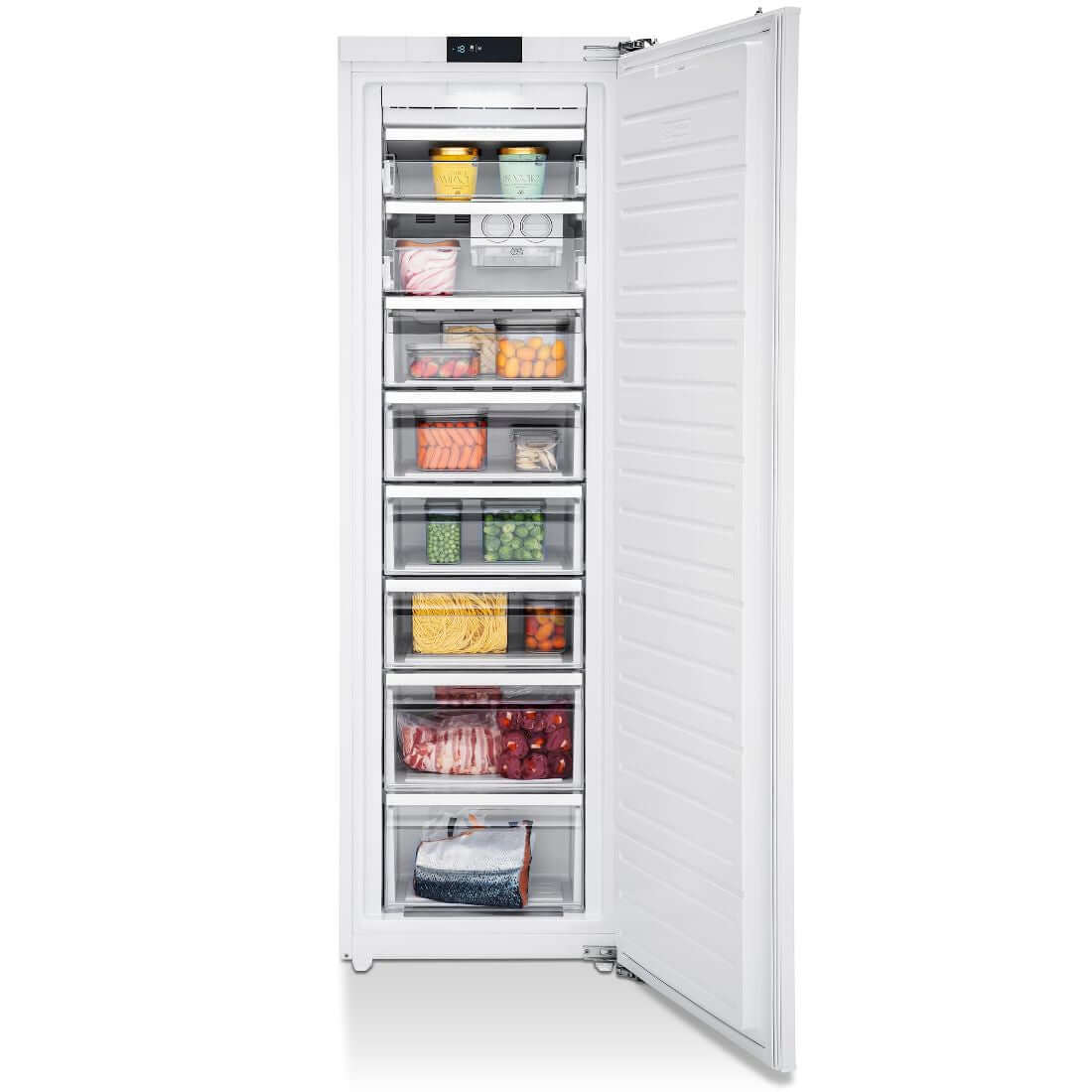 Freezer Tecno de Revestir embutido 221L 54cm com porta aberta e gavetas organizadas com alimentos