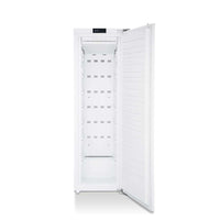 Alt Tag: Freezer Tecno de Revestir 221L 54cm embutir branco com porta aberta, interior vazio e painel digital