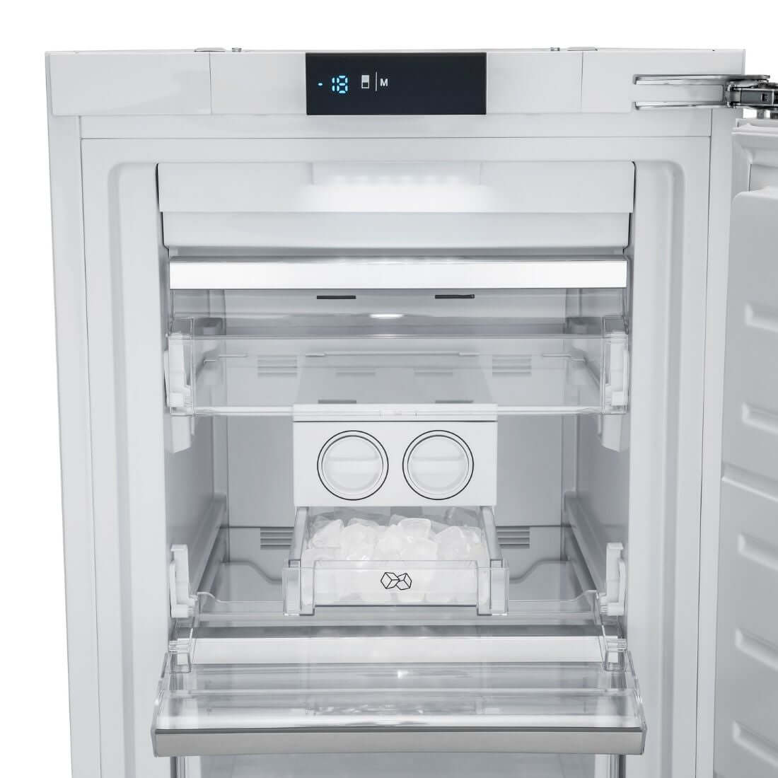 Freezer Tecno de Revestir 221 litros 54cm embutir com gavetas transparentes e dispenser gelo, interior branco e painel digital