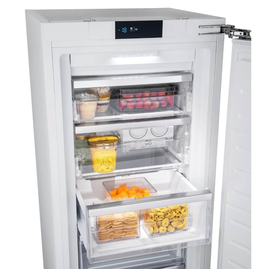 Freezer Tecno de Revestir 221 litros embutido branco com gavetas transparentes e alimentos organizados