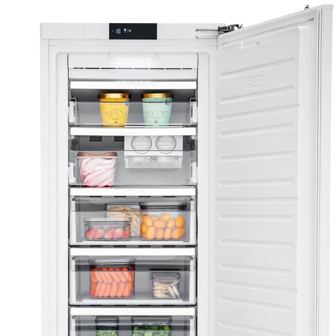 Freezer Tecno de Revestir 221L embutir 54cm com gavetas transparentes e porta aberta mostrando alimentos organizados