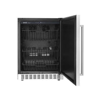 Freezer Evol Smart 142 Litros Inox 60cm: freezer vertical embutido em inox com porta aberta, gavetas de arame e puxador lateral