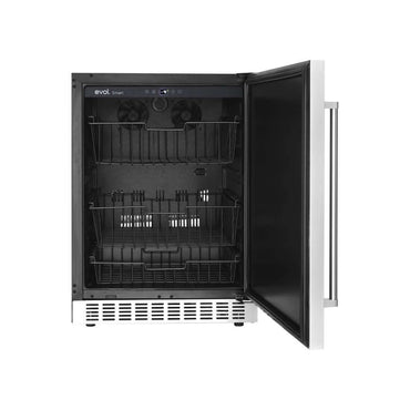 Freezer Evol Smart 142 Litros Inox 60cm: freezer vertical embutido em inox com porta aberta, gavetas de arame e puxador lateral