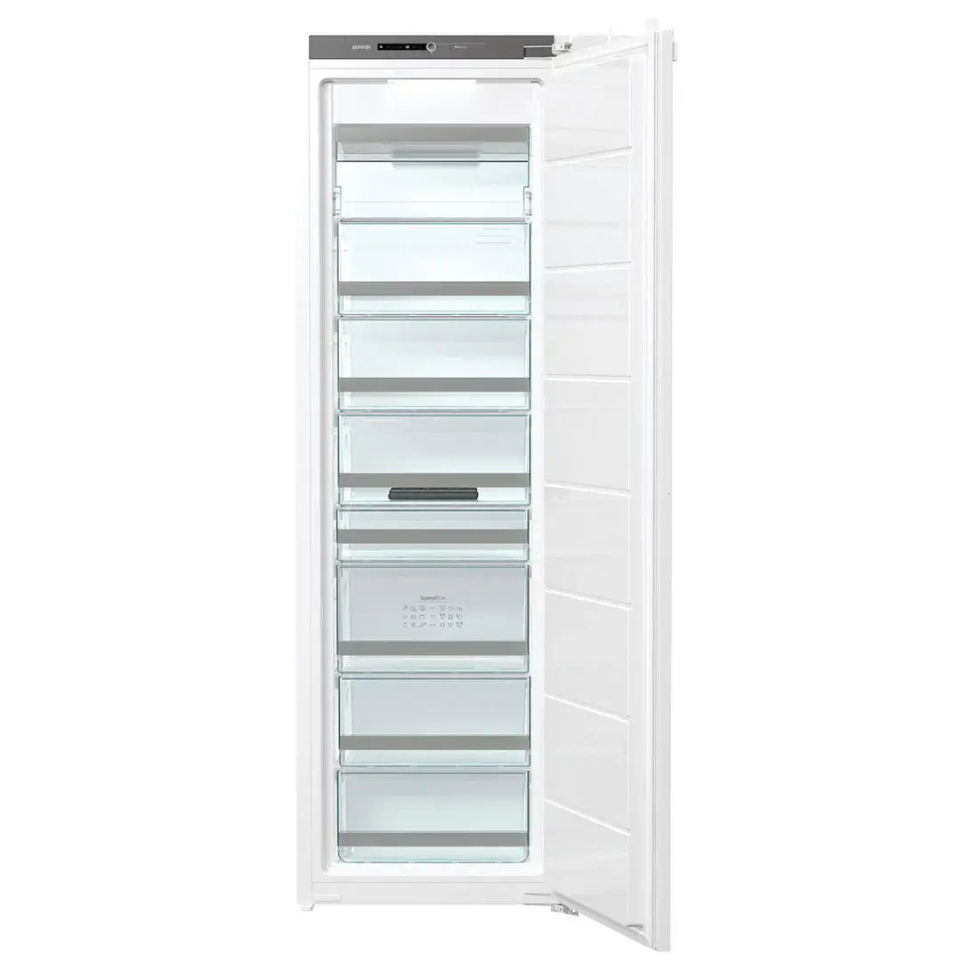 Freezer Gorenje Porta para Revestir 235 Litros em branco, vertical embutido com várias gavetas internas de vidro e puxador discreto