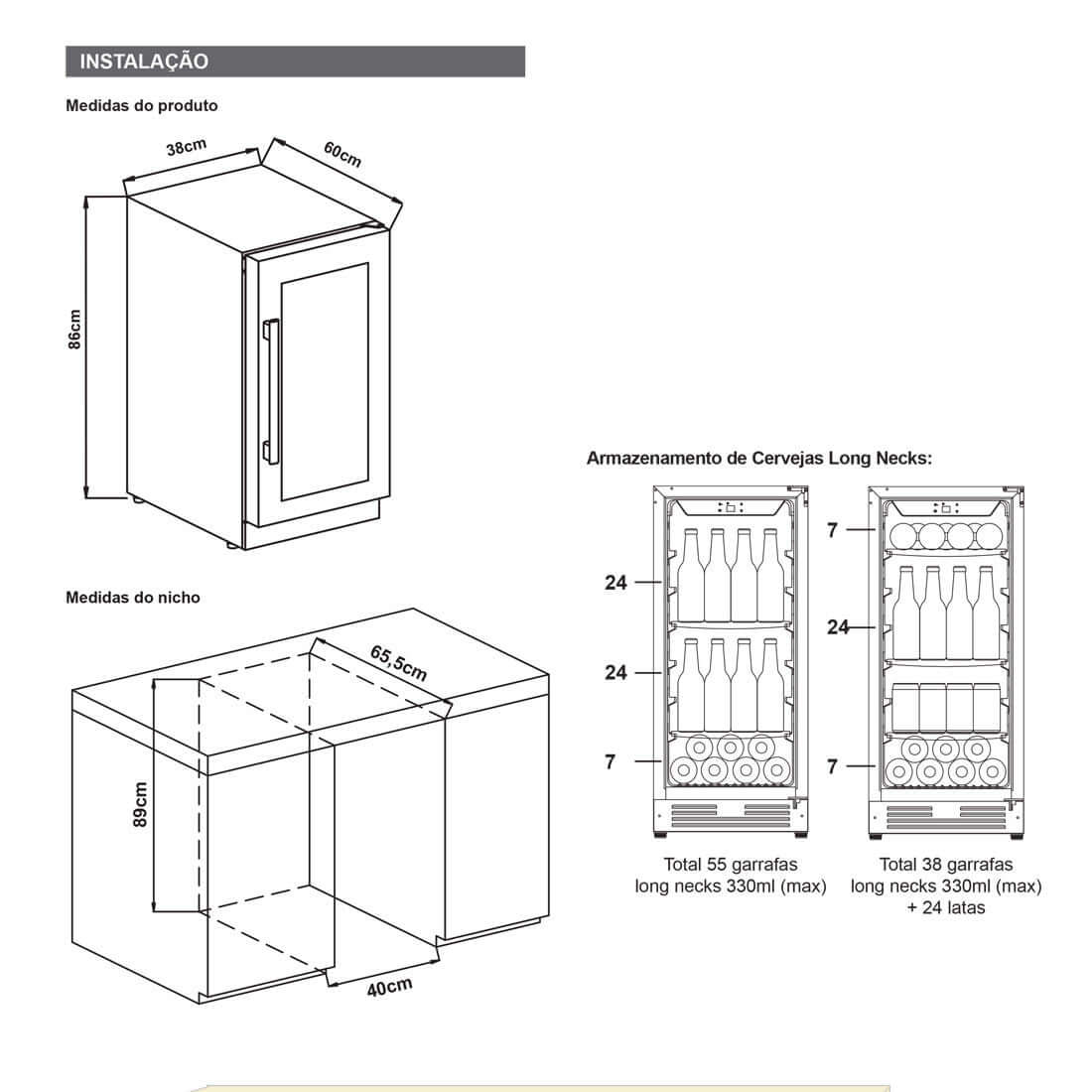 Cervejeira de embutir Cuisinart Arkton Inox 38cm 220V mostra medidas de instalação, nicho embutido e capacidade de prateleiras para long necks