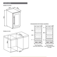 Cervejeira de embutir Cuisinart Arkton Inox 38cm 220V mostra medidas de instalação, nicho embutido e capacidade de prateleiras para long necks