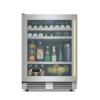 Frigobar Tecno Vintage 136 Litros Inox 60cm com porta de vidro, acabamento inox escovado, prateleiras ajustáveis e puxador dourado