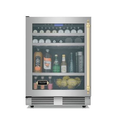 Frigobar Tecno Vintage 136 Litros Inox 60cm com porta de vidro, acabamento inox escovado, prateleiras ajustáveis e puxador dourado