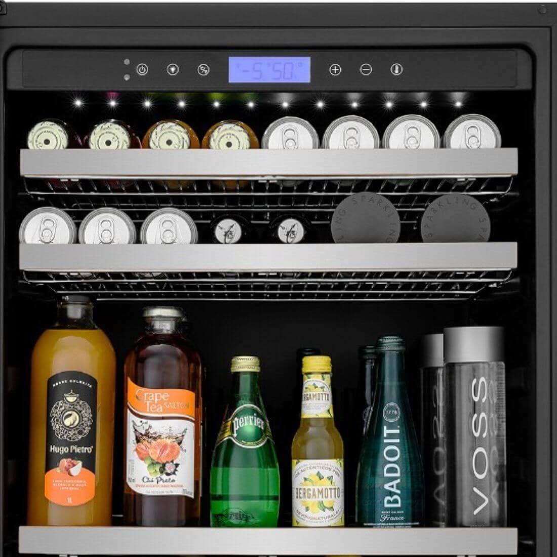 Frigobar Tecno Professional 136 Litros Inox 60cm com porta de vidro, iluminação LED, prateleiras em aço e design para embutir