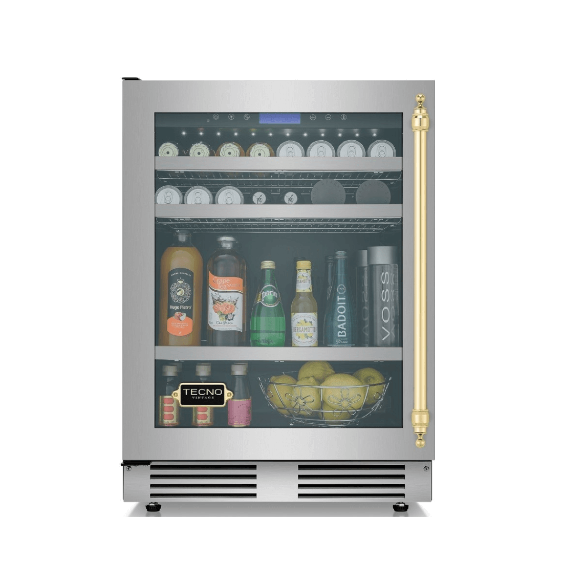 Frigobar Tecno Vintage 136 Litros em inox, com bebidas e frutas, eficiência na conservação e design sofisticado.