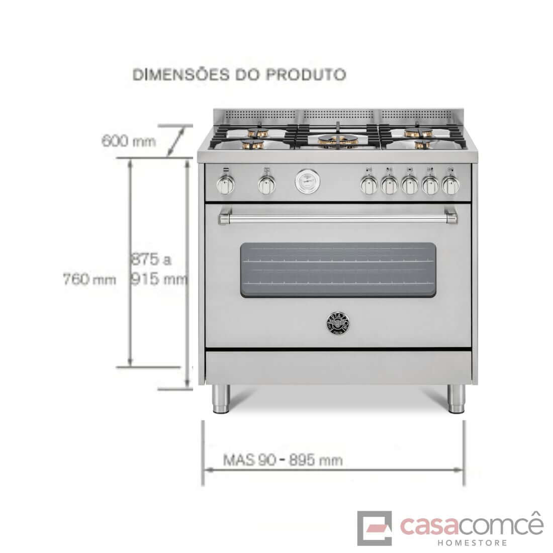 Dimensões do Fogão Bertazzoni Master 5 Bocas Inox, 90cm, com forno elétrico e 5 queimadores a gás.