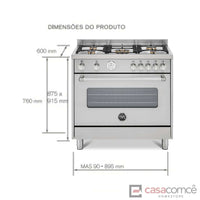 Dimensões do Fogão Bertazzoni Master 5 Bocas Inox, 90cm, com forno elétrico e 5 queimadores a gás.