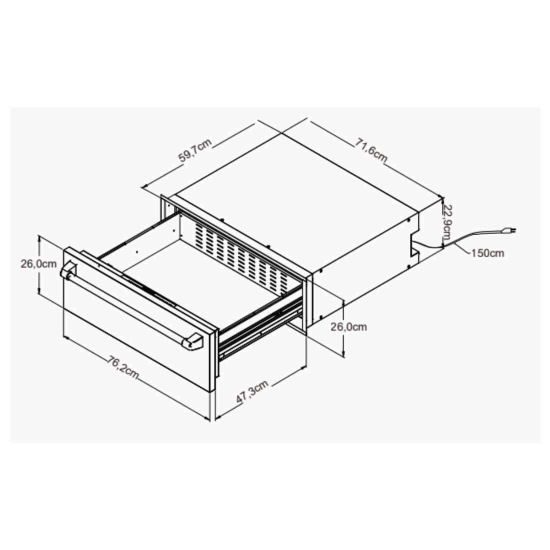 Gaveta Aquecida Evol 76cm com rechaud inox, desenho técnico com dimensões e corrediças telescópicas