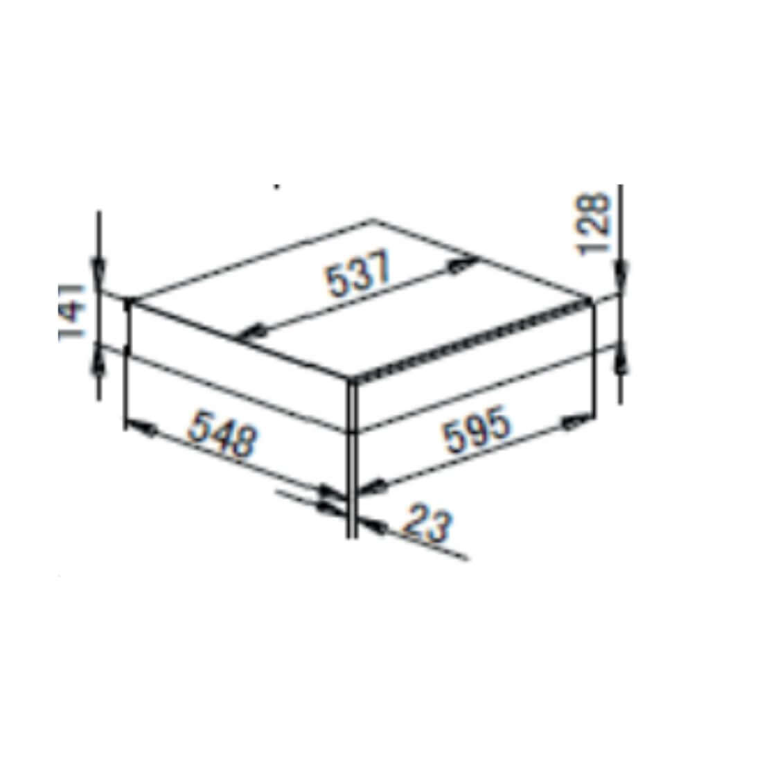 Gaveta Aquecida Evol desenho técnico com medidas 595x548x141 mm para embutir vidro preto inox