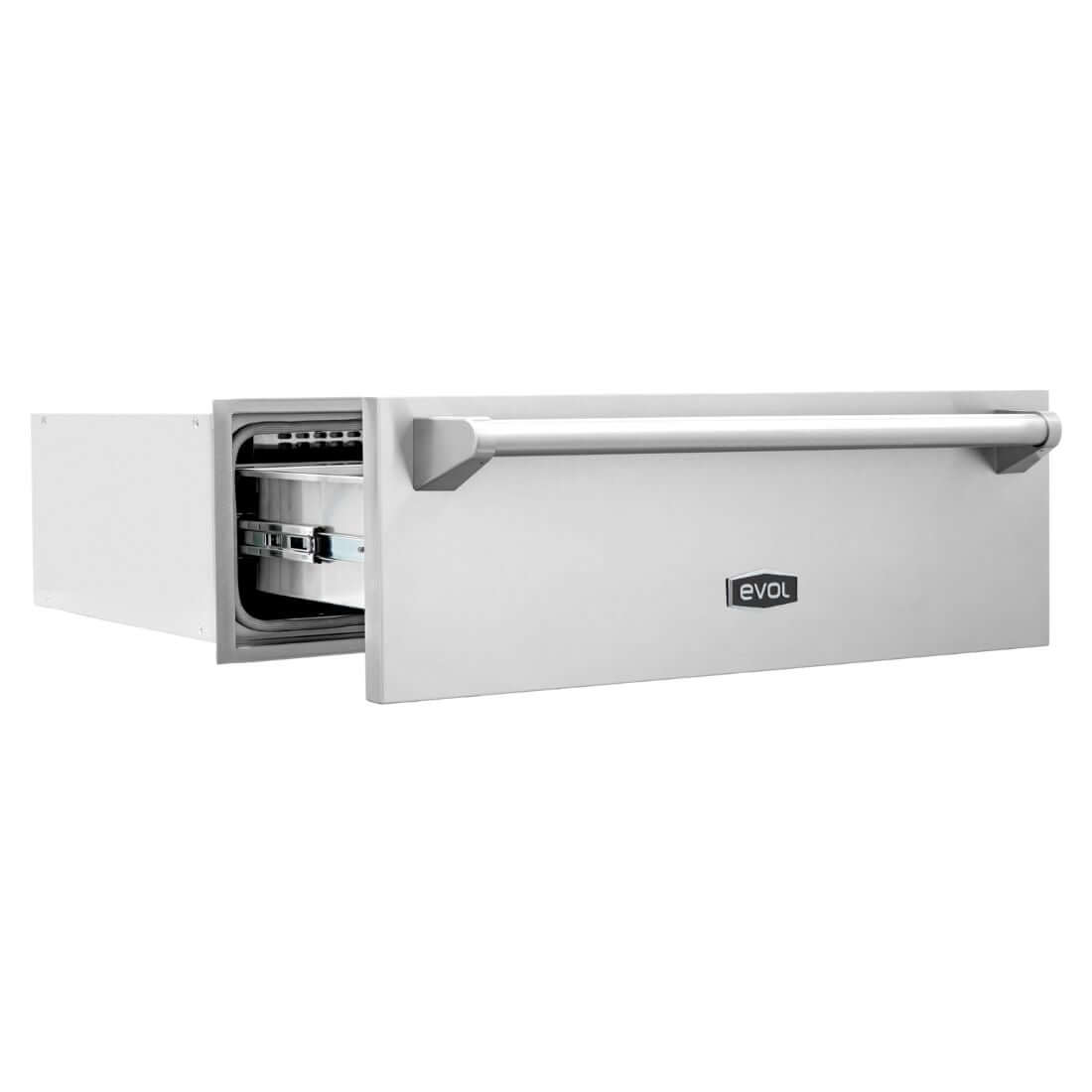 Alt Tag: Gaveta Aquecida Evol com Rechaud 76cm em inox, rechauds inclusos e corrediças telescópicas, ideal para torre quente Evol