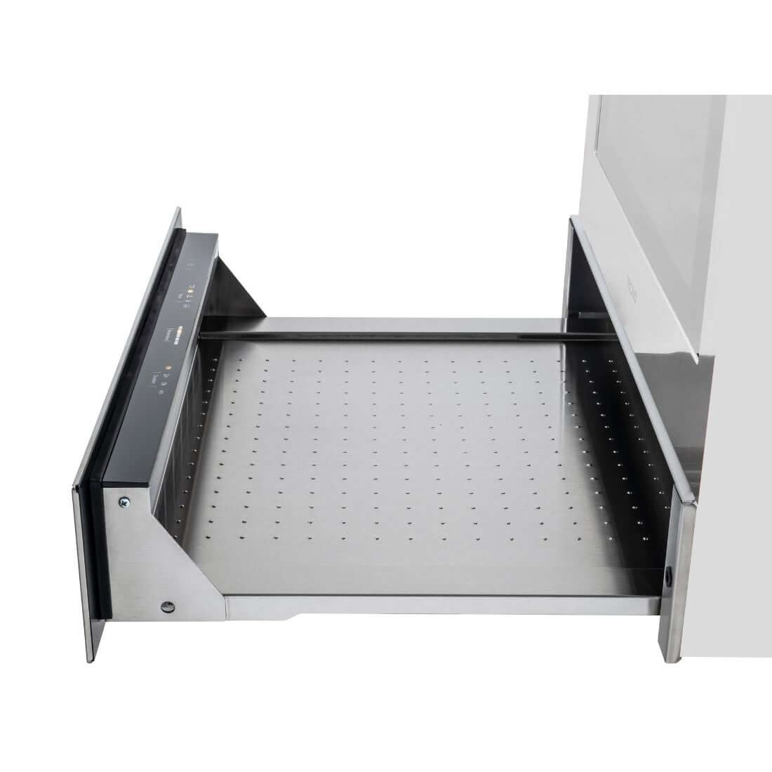 Gaveta Aquecida Tecno Original Inox 60cm com interior inox perfurado, laterais em inox escovado e painel touch interno para embutir