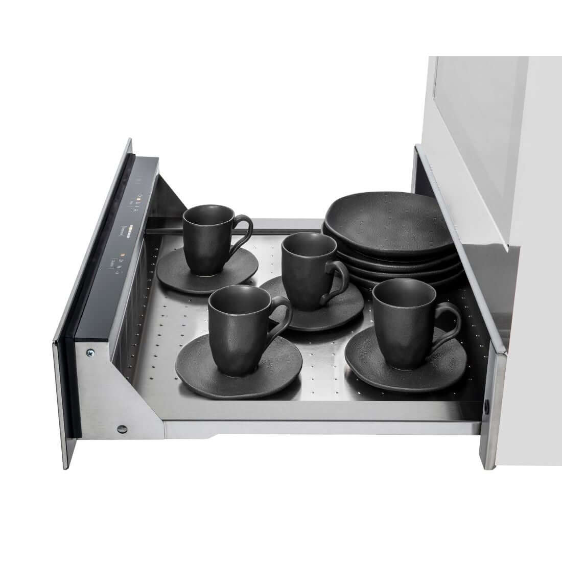 Gaveta Aquecida Tecno Professional Inox 60cm com interior inox, painel frontal touch, puxador discreto e louças pretas aquecidas
