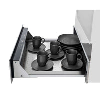 Gaveta Aquecida Tecno Professional Inox 60cm com interior inox, painel frontal touch, puxador discreto e louças pretas aquecidas