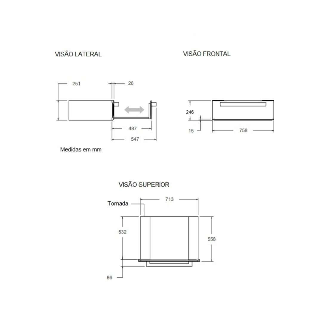 Gaveta Aquecida Bertazzoni Professional 10 Serviços Inox 76cm: desenho técnico com vistas lateral, frontal e superior mostrando medidas, puxador e recuo para embutir