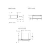 Gaveta Aquecida Bertazzoni Professional 10 Serviços Inox 76cm: desenho técnico com vistas lateral, frontal e superior mostrando medidas, puxador e recuo para embutir