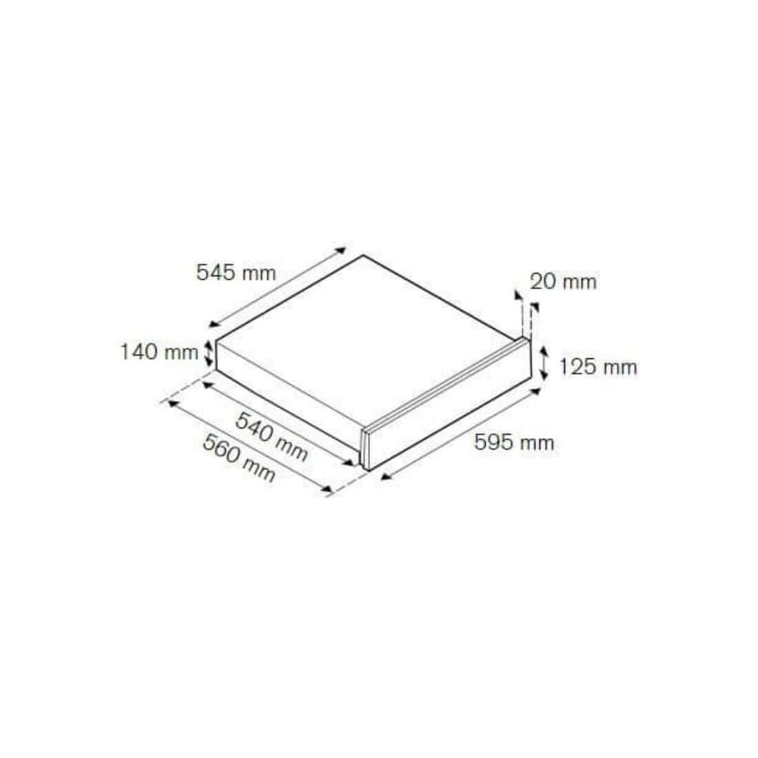 Gaveta Aquecida Bertazzoni Professional 4 Serviços Inox 60cm em desenho técnico com medidas, acabamento inox, frente com puxador e 125mm de altura