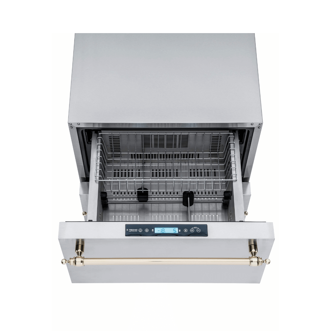 Gaveta Refrigerada Tecno Vintage com Freezer 95 Litros Inox 61cm - gaveta frigorífica em inox com puxador dourado, painel digital e embutir sob bancada