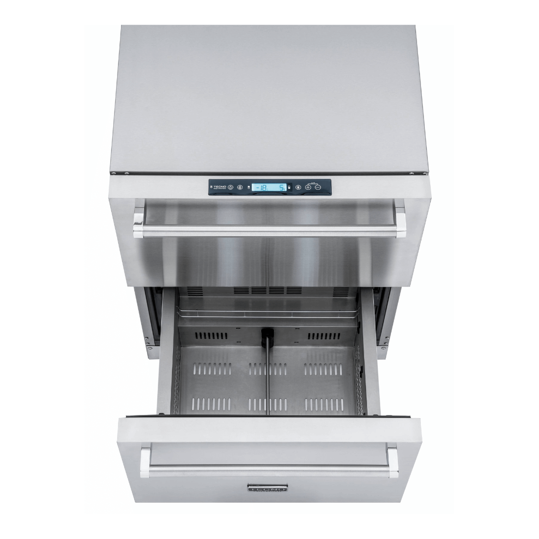 Gaveta Refrigerada Tecno Professional com Freezer 95 Litros Inox 61cm em inox com uma gaveta aberta, puxador tubular e painel digital para embutir sob bancada