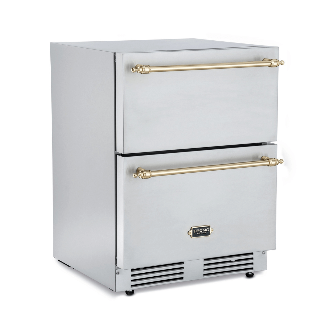 Gaveta Refrigerada Tecno Vintage com Freezer 95 Litros Inox 61cm: gaveta refrigerada de embutir inox com duas gavetas e puxadores dourados sob bancada