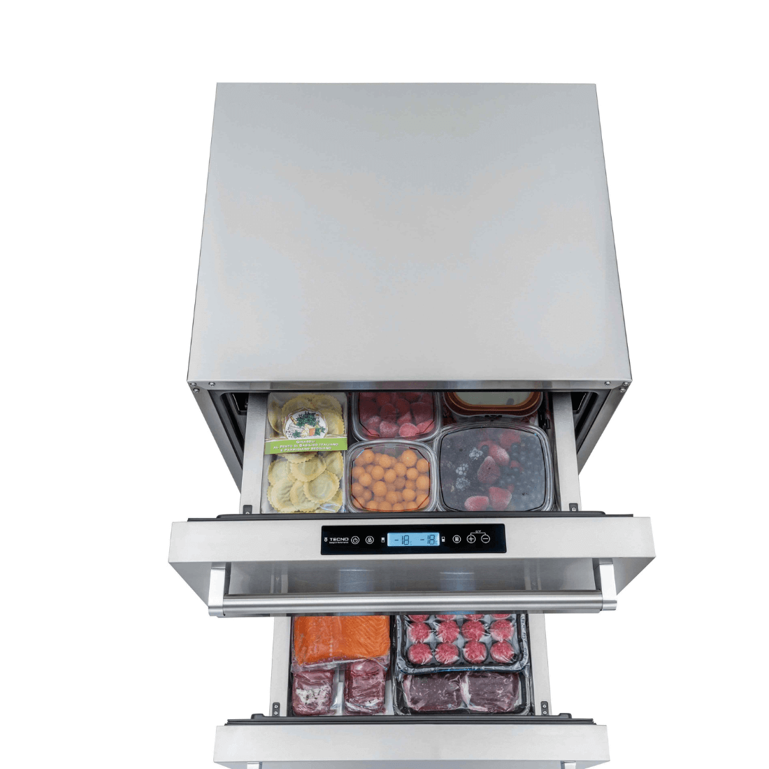 Gaveta Refrigerada Tecno Vintage com Freezer 95 Litros Inox 61cm - gaveta refrigerada de embutir inox com duas gavetas, puxador tubular e painel digital