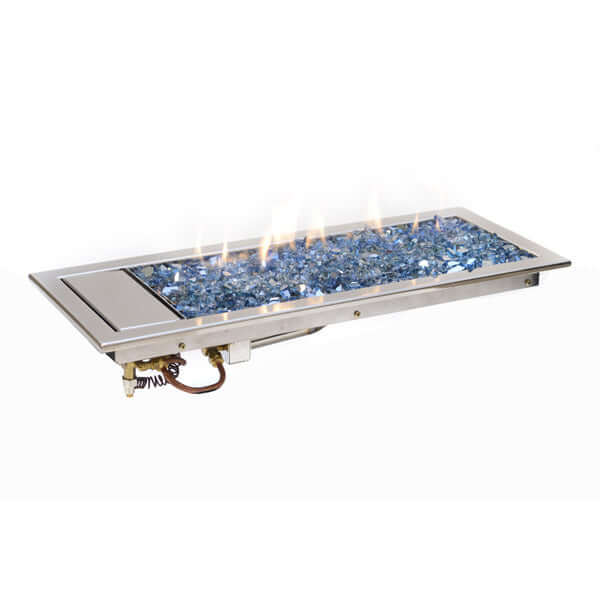 Lareira à Gás K3 Kawah 120cm Inox com Pedras Vulcânicas e Cristais Azuis - Kawah lareira a gás de embutir em inox com cristais azuis e vidro frontal