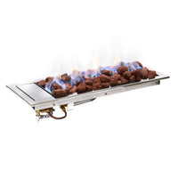 Lareira à Gás Kawah 80cm Inox com Pedras Vulcânicas e Cristais Azuis, lareira a gás de embutir em aço inox polido com pedras vulcânicas e chama azul