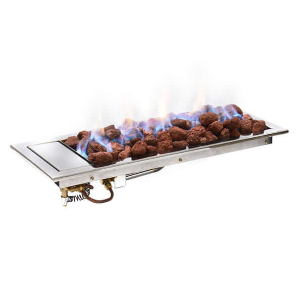 Lareira à Gás Kawah 80cm Inox com Pedras Vulcânicas e Cristais Azuis, lareira a gás de embutir em aço inox polido com pedras vulcânicas e chama azul